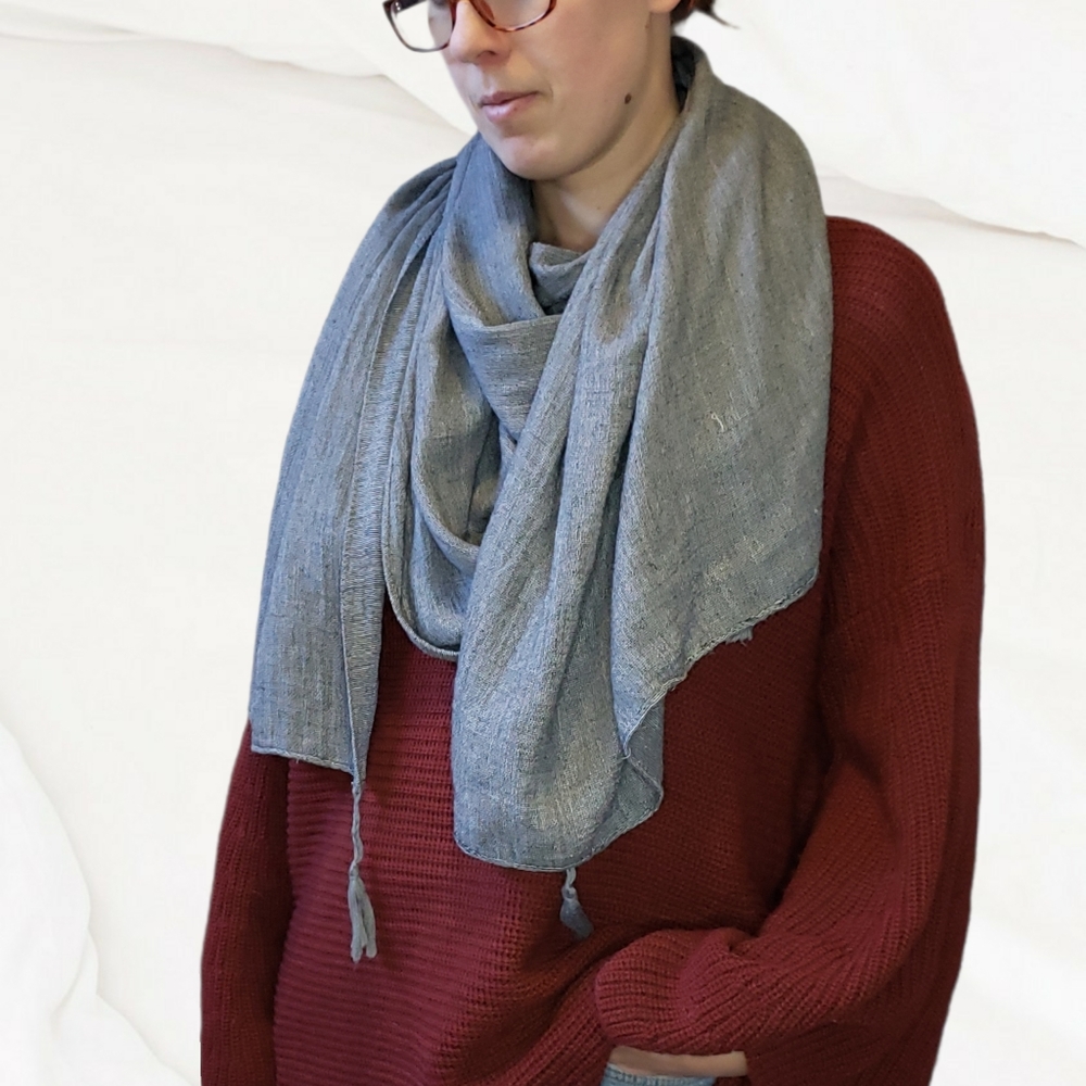 large slate gray scarf with toggles